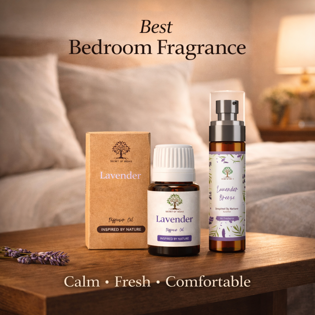 Best bedroom fragrance UK showing lavender diffuser oil and air freshener spray on bedside table in modern bedroom setting