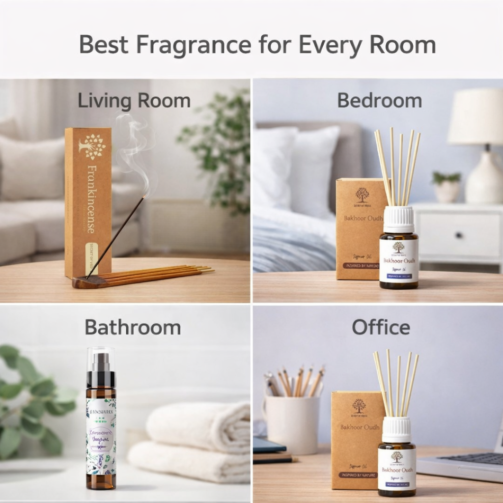 Best fragrance for each room UK showing incense diffuser oil and air freshener for living room bedroom bathroom and office
