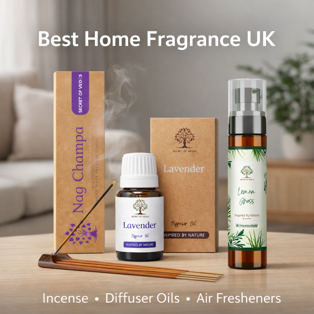 Best home fragrance products UK featuring incense sticks diffuser oil and air freshener in modern living room setting