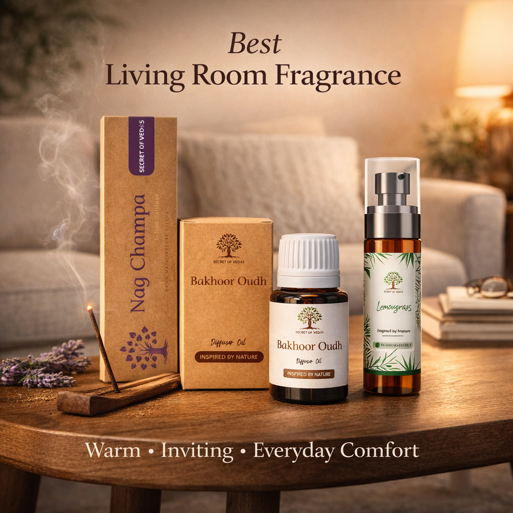 Best home fragrance for living room UK showing incense sticks diffuser oil and air freshener in modern living room setting