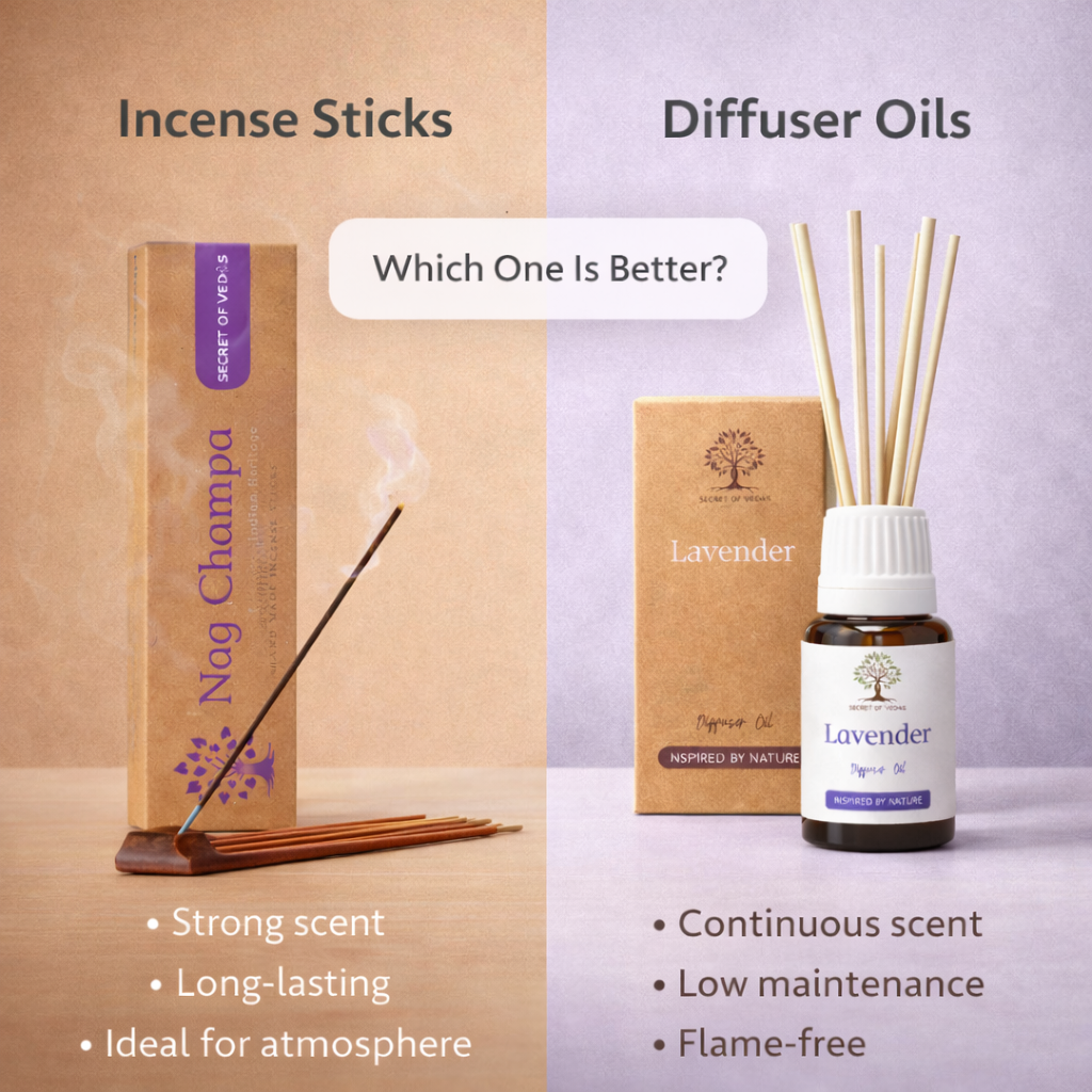 Diffuser oil vs incense sticks comparison showing home fragrance options with scent strength and usage differences