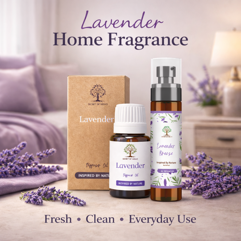 Lavender home fragrance UK showing incense sticks diffuser oil and air freshener in calm modern home setting