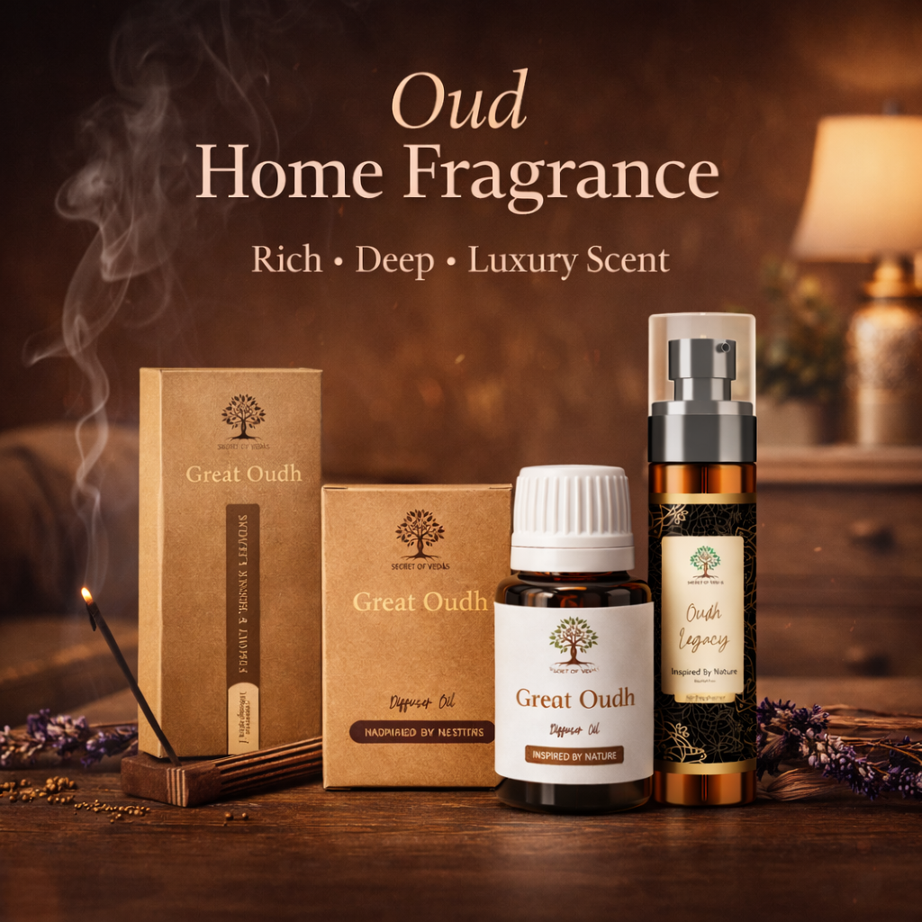 Oud home fragrance UK showing incense sticks diffuser oil and air freshener in luxury dark interior setting