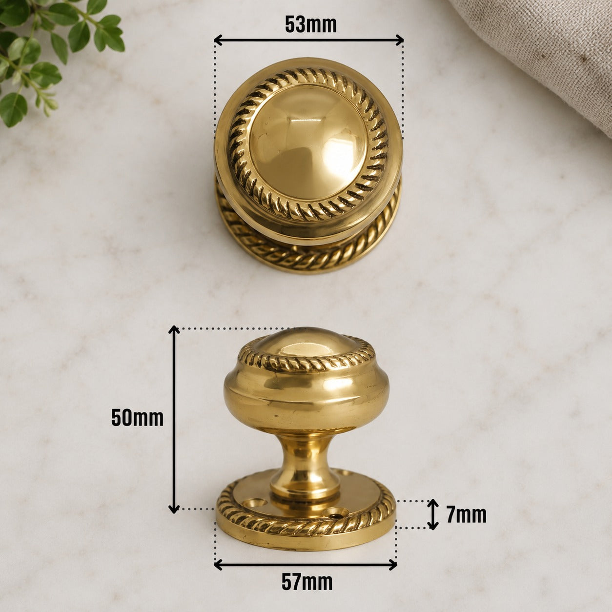53mm Georgian solid brass round mortice door knob dimensions