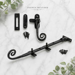 Black cast iron monkey tail window fastener and 277mm window stay set with receivers