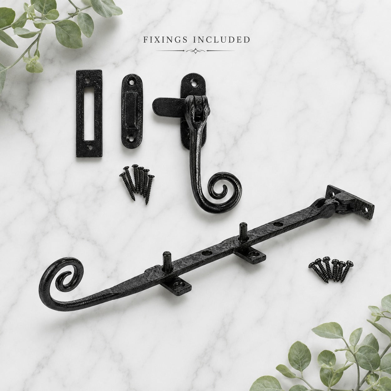 Black cast iron monkey tail window fastener and 277mm window stay set with receivers