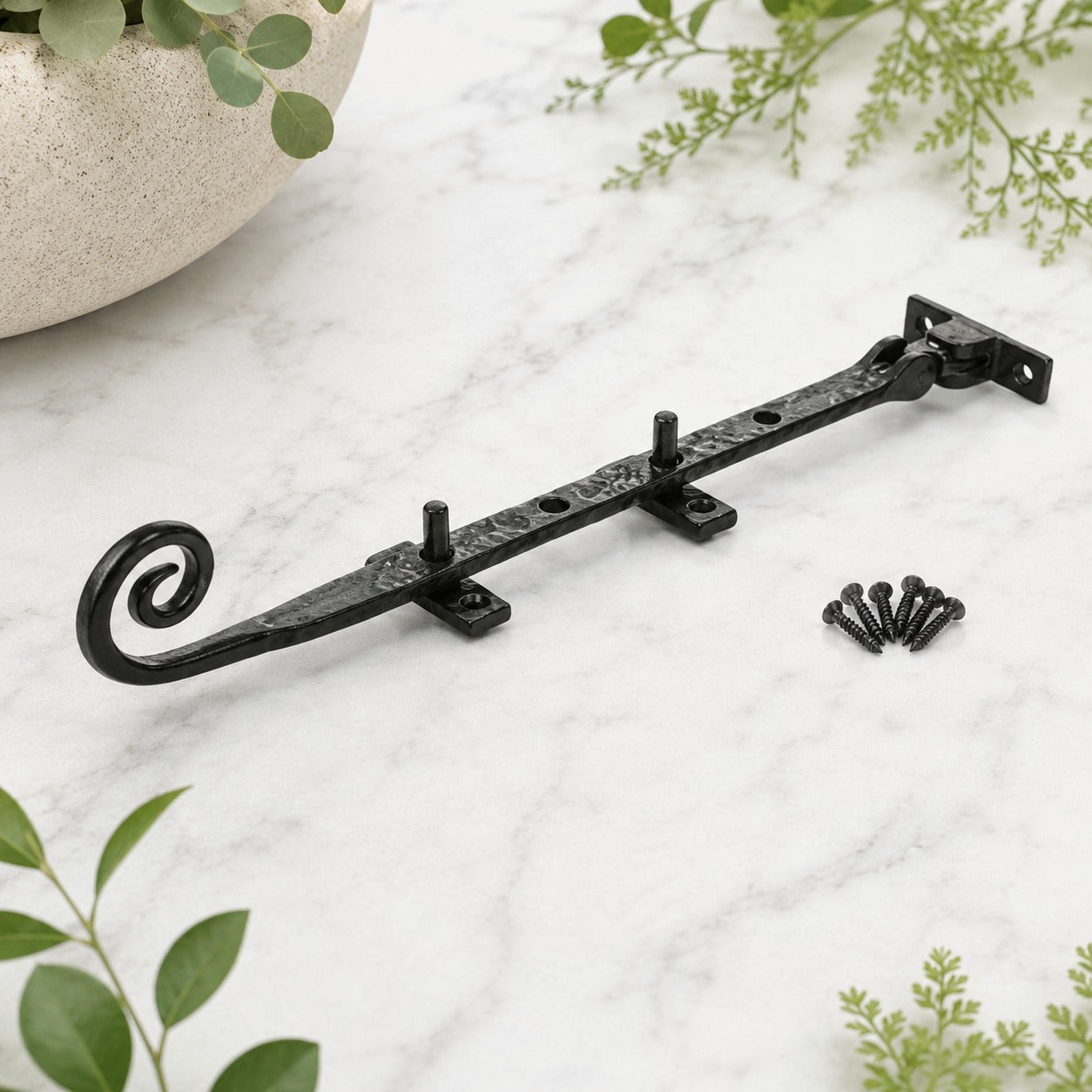Black cast iron monkey tail window stay 277mm with fixing screws