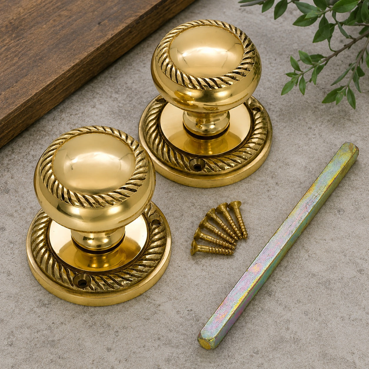 Classic Georgian solid brass 53mm round mortice door knobs pair with fixing accessories