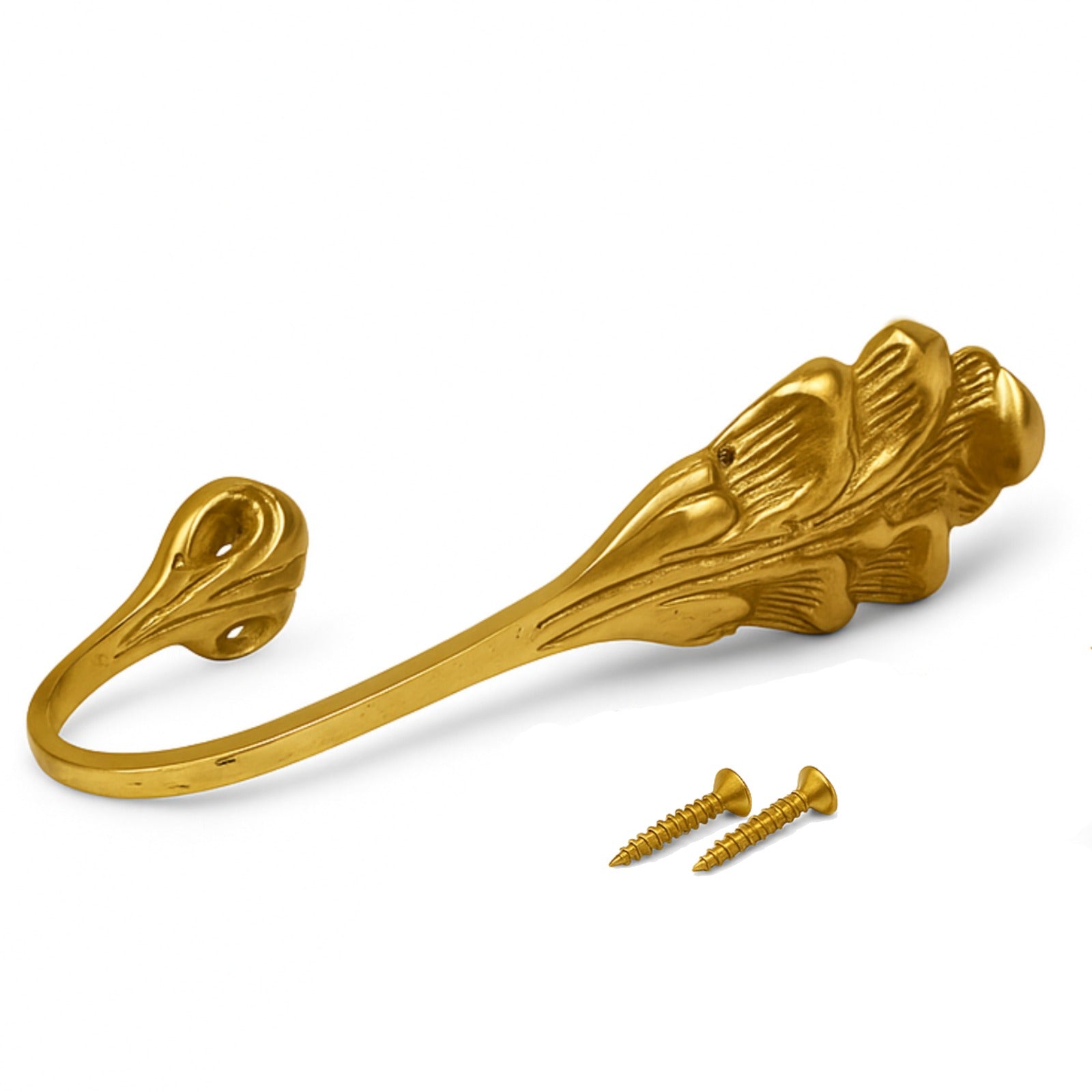 Close-up of antique brass feather leaf curtain tie back finish