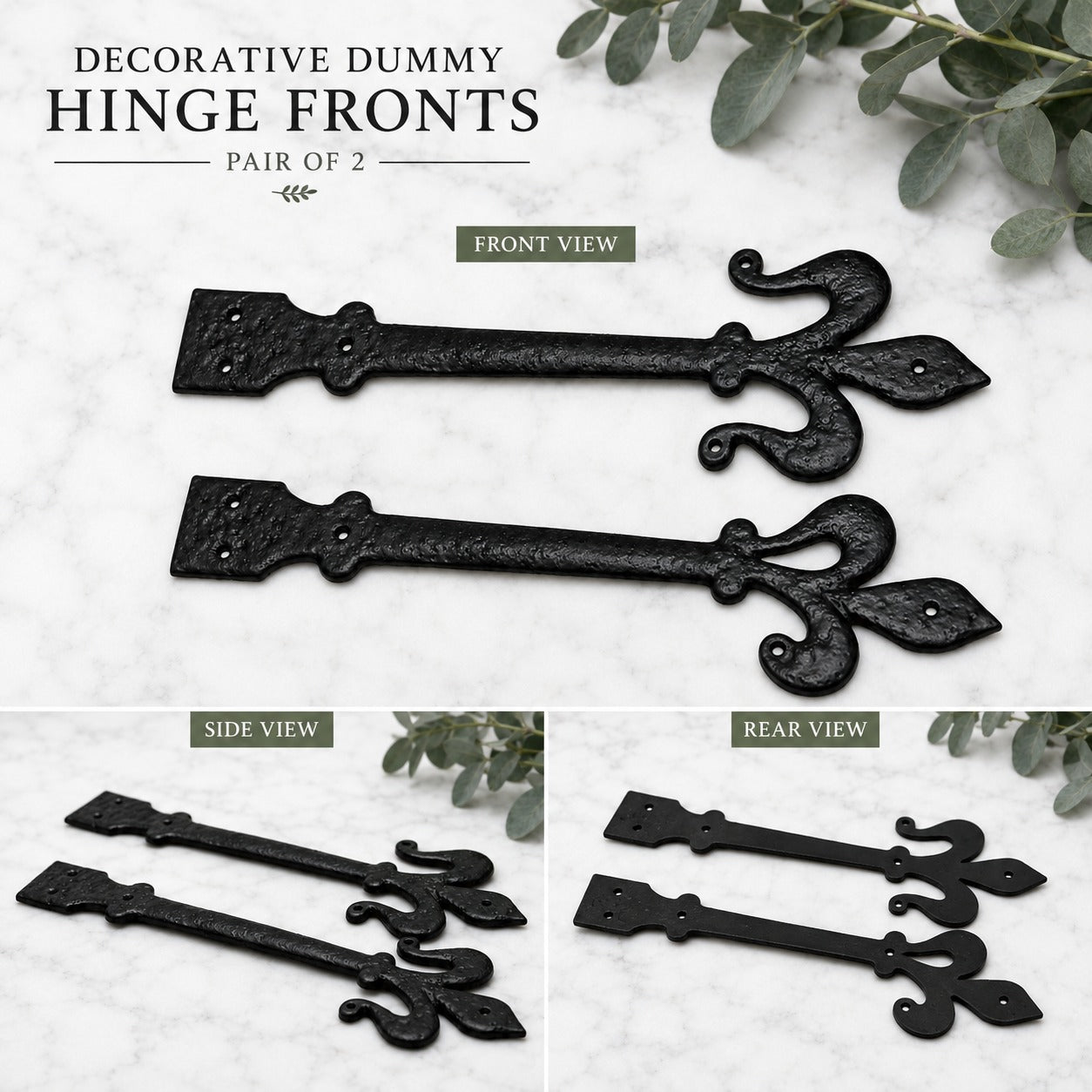 Close-up of black antique cast iron decorative hinge finish