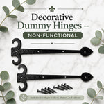 Close-up of black wrought iron look decorative hinge finish