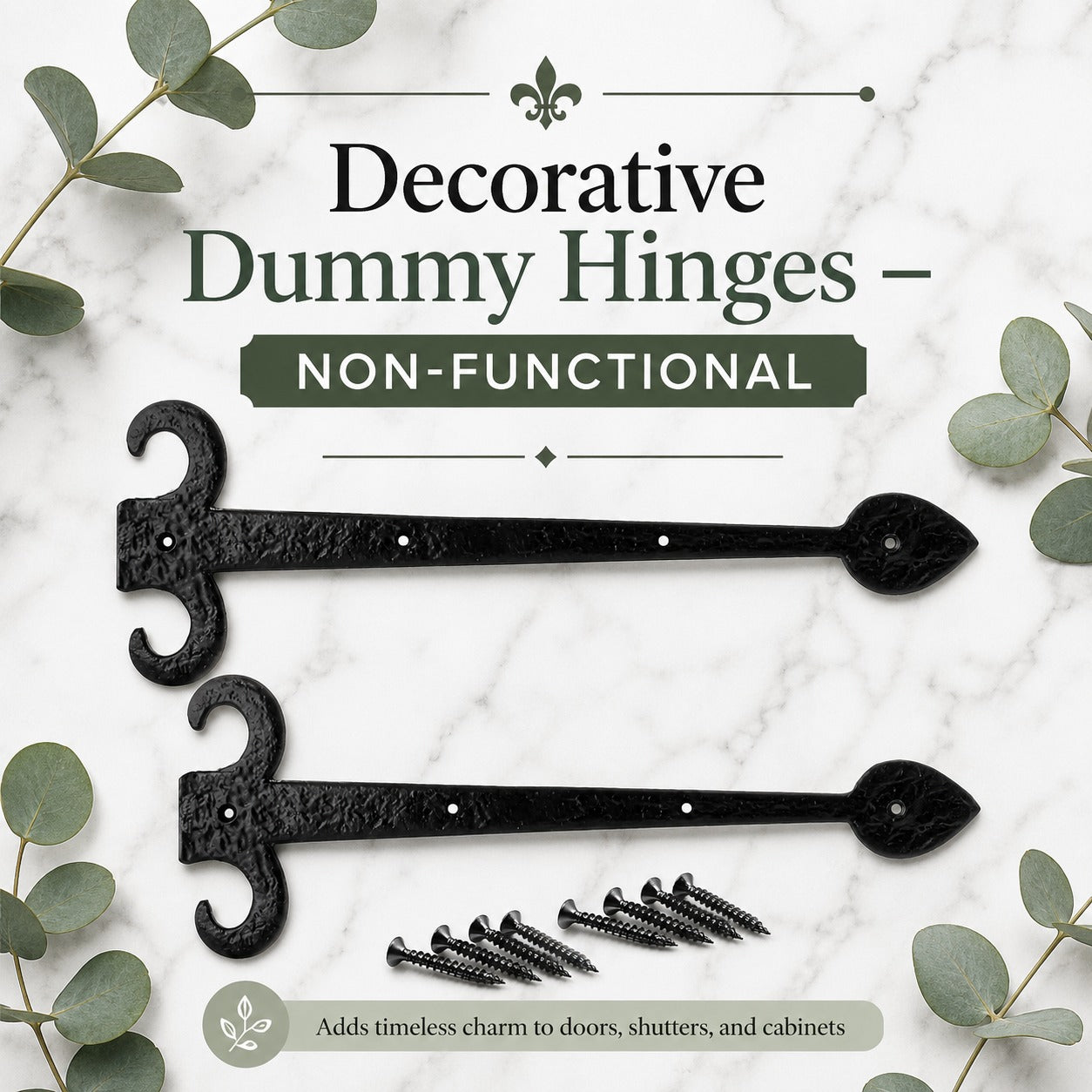 Close-up of black wrought iron look decorative hinge finish