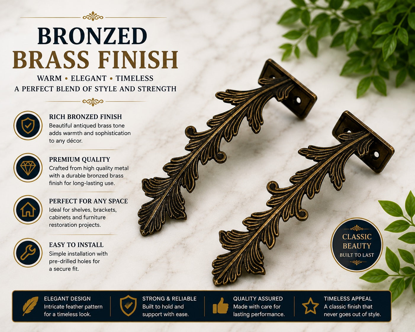 Close-up of brass-effect metal feather curtain tieback finish