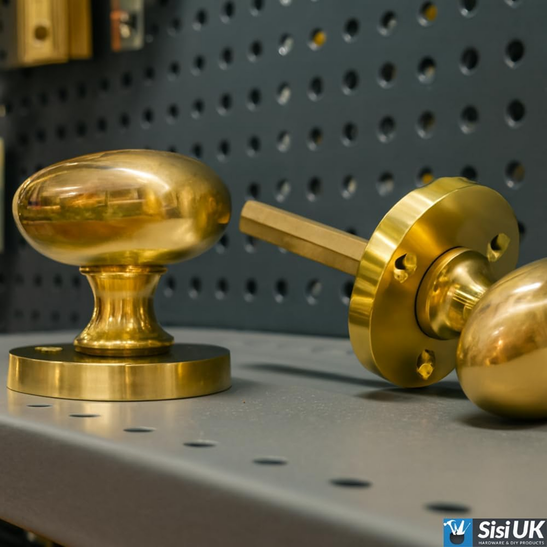 Close-up of polished solid brass Victorian oval door knob finish