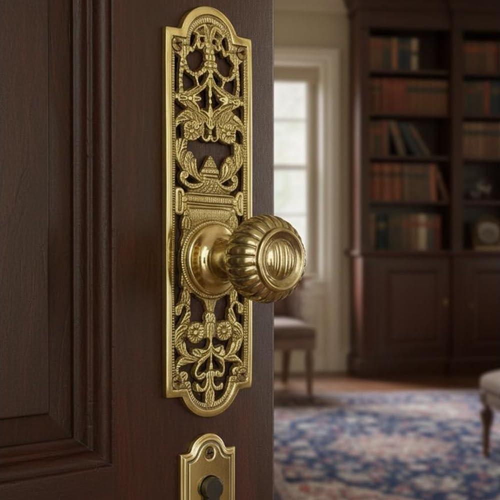 Close-up of the antique solid brass finish on the decorative finger plate