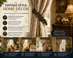 Decorative brass leaf curtain tiebacks holding curtains open in a living room