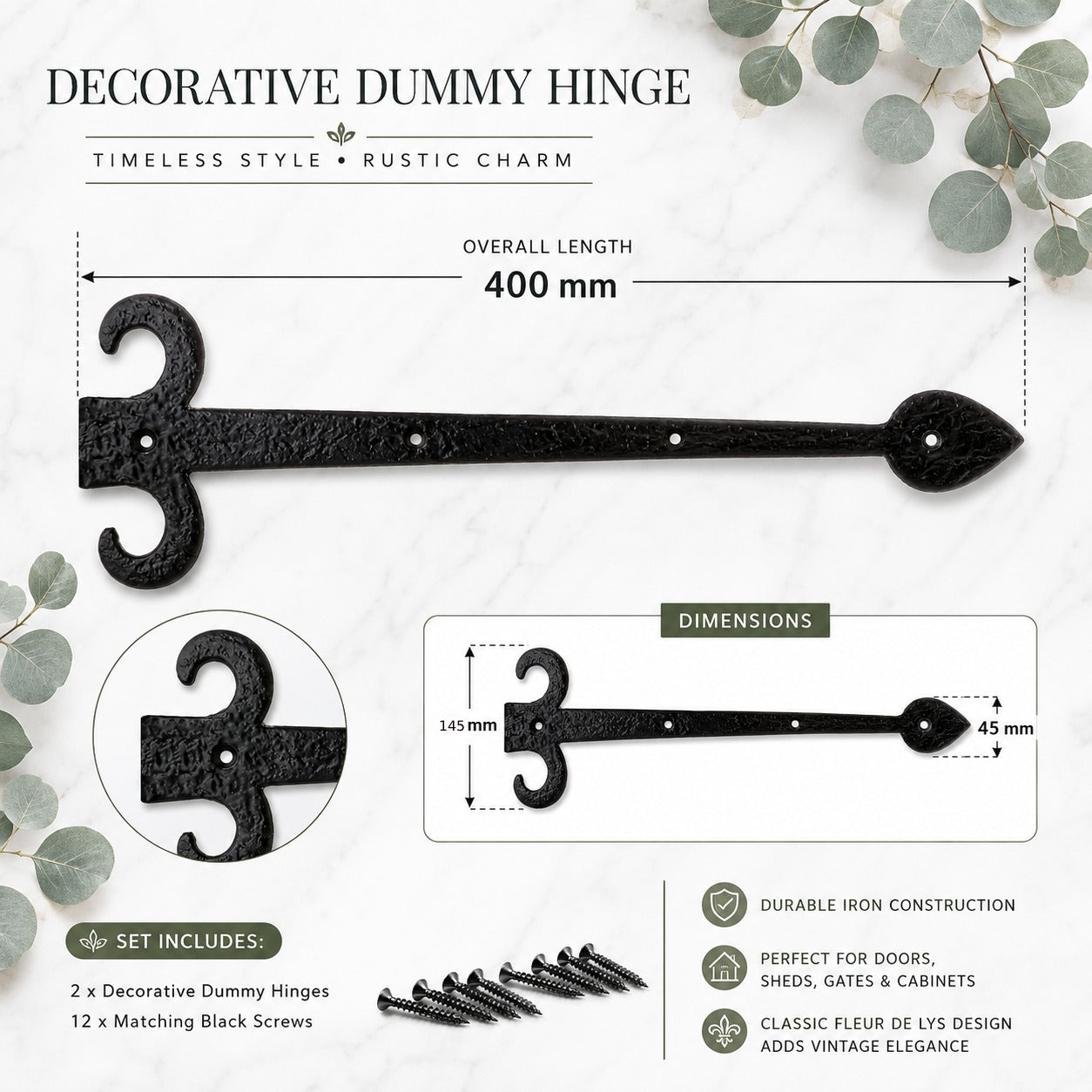 Dimensions of 400mm Fleur De Lys decorative dummy hinge