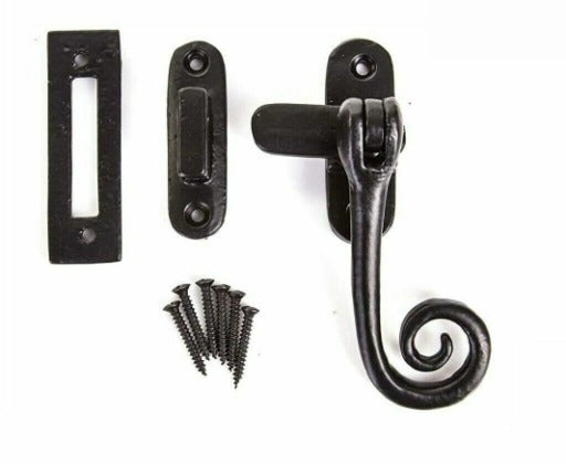 Monkey tail window fastener supplied with mortice receiver and hook receiver