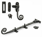 Monkey tail window furniture set including fastener, stay, mortice receiver and hook receiver