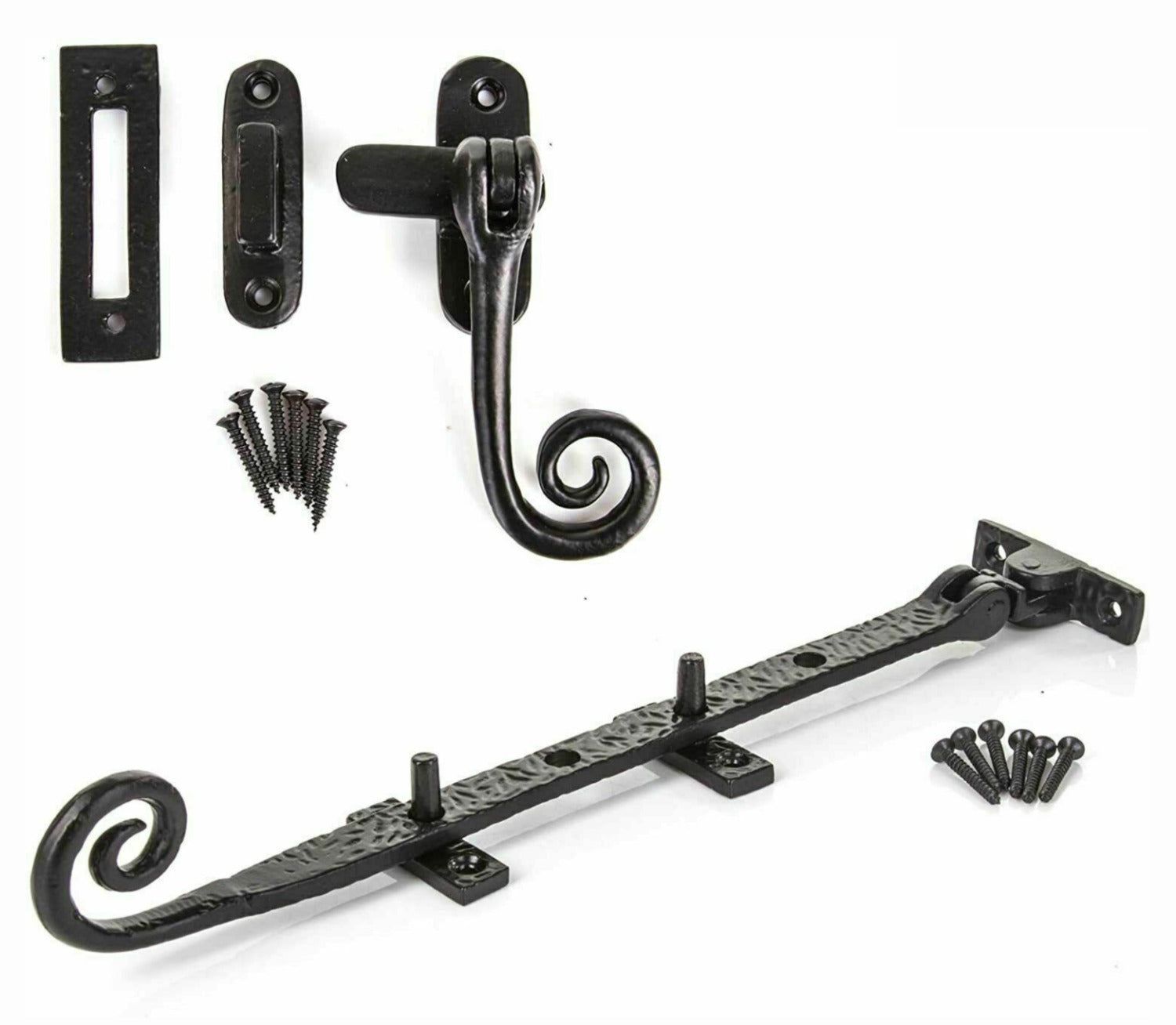 Monkey tail window furniture set including fastener, stay, mortice receiver and hook receiver