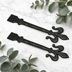 Pair of 16 inch black cast iron false tee decorative door hinges with screws