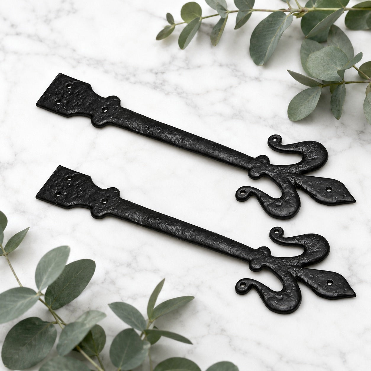 Pair of 16 inch black cast iron false tee decorative door hinges with screws