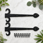 Pair of 400mm black decorative Fleur De Lys dummy hinges with fixing screws