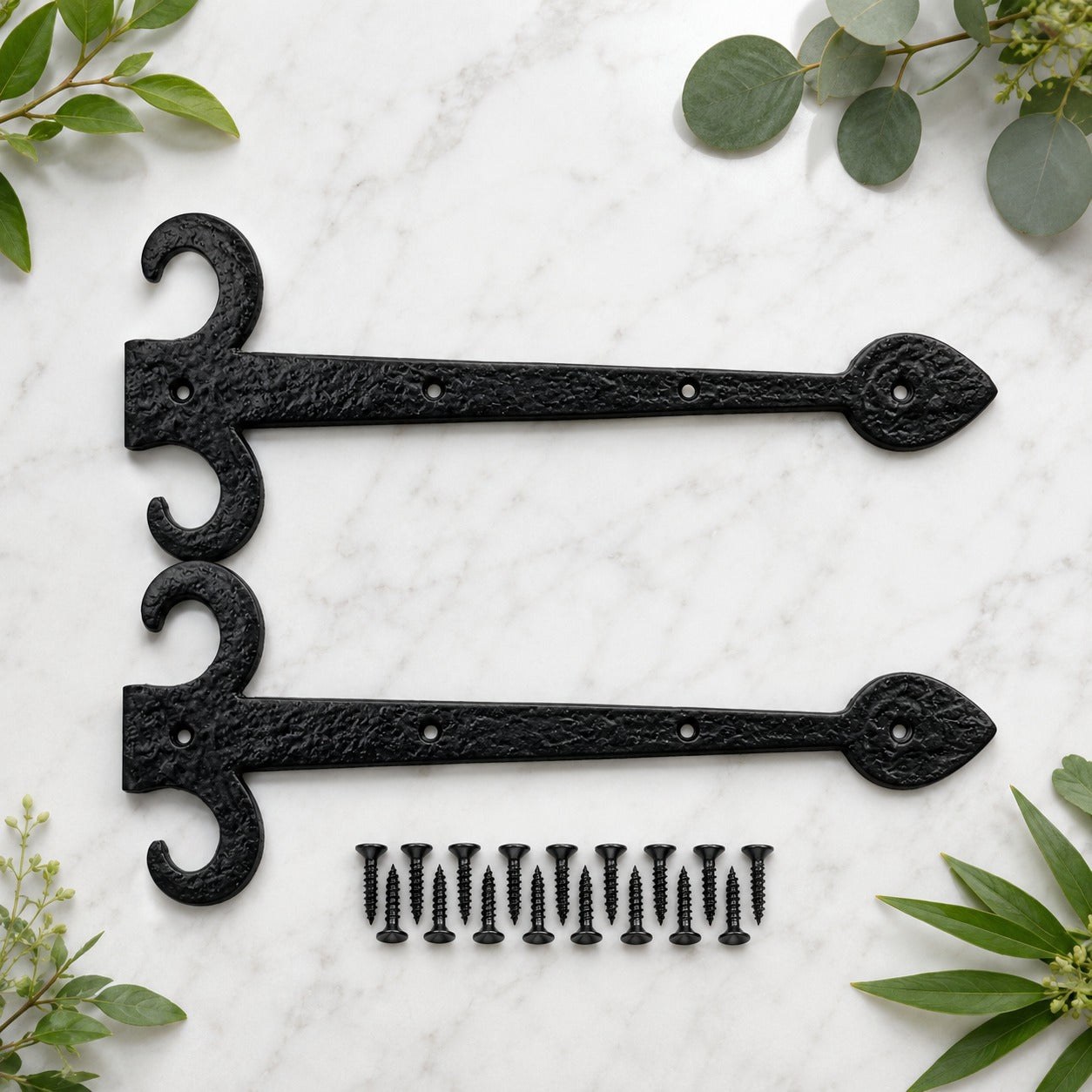 Pair of 400mm black decorative Fleur De Lys dummy hinges with fixing screws