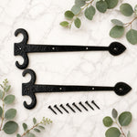 Side profile of black decorative spear dummy hinge