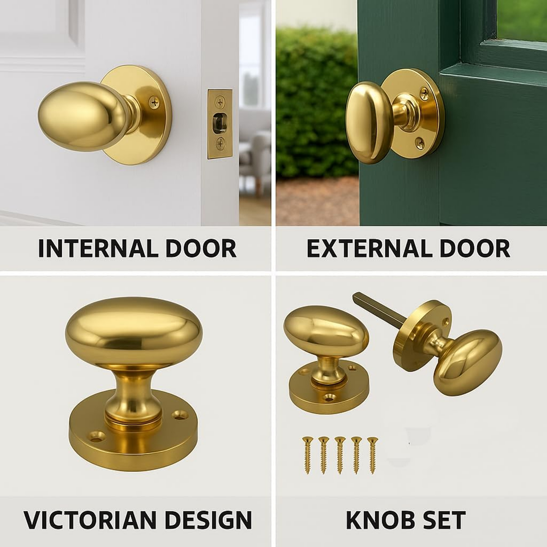 Solid brass Victorian oval mortice door knobs installed on a timber panel door