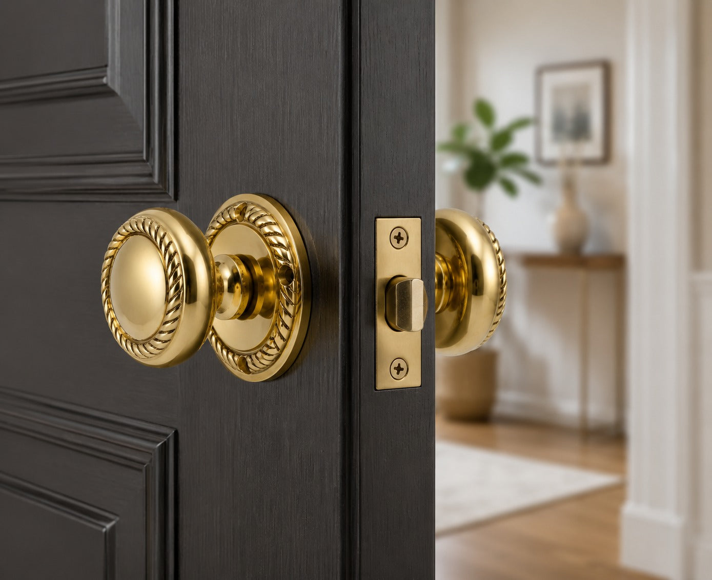 Traditional polished brass Georgian door knobs fitted in a heritage interior