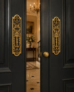 Traditional solid brass finger plate fitted to a period-style interior door