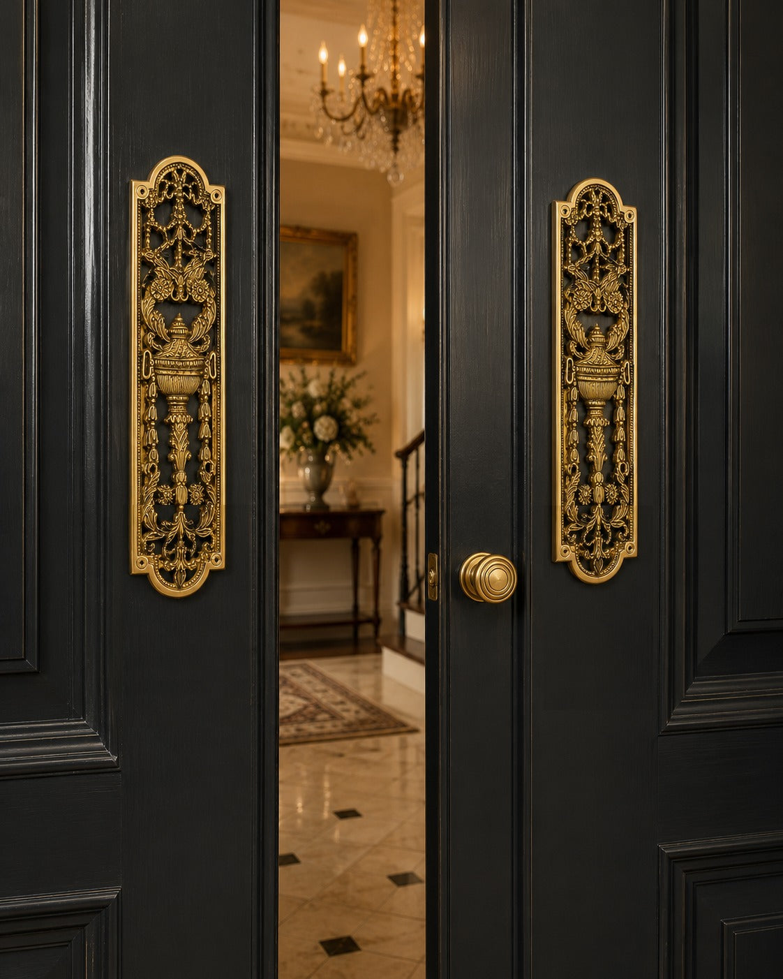 Traditional solid brass finger plate fitted to a period-style interior door