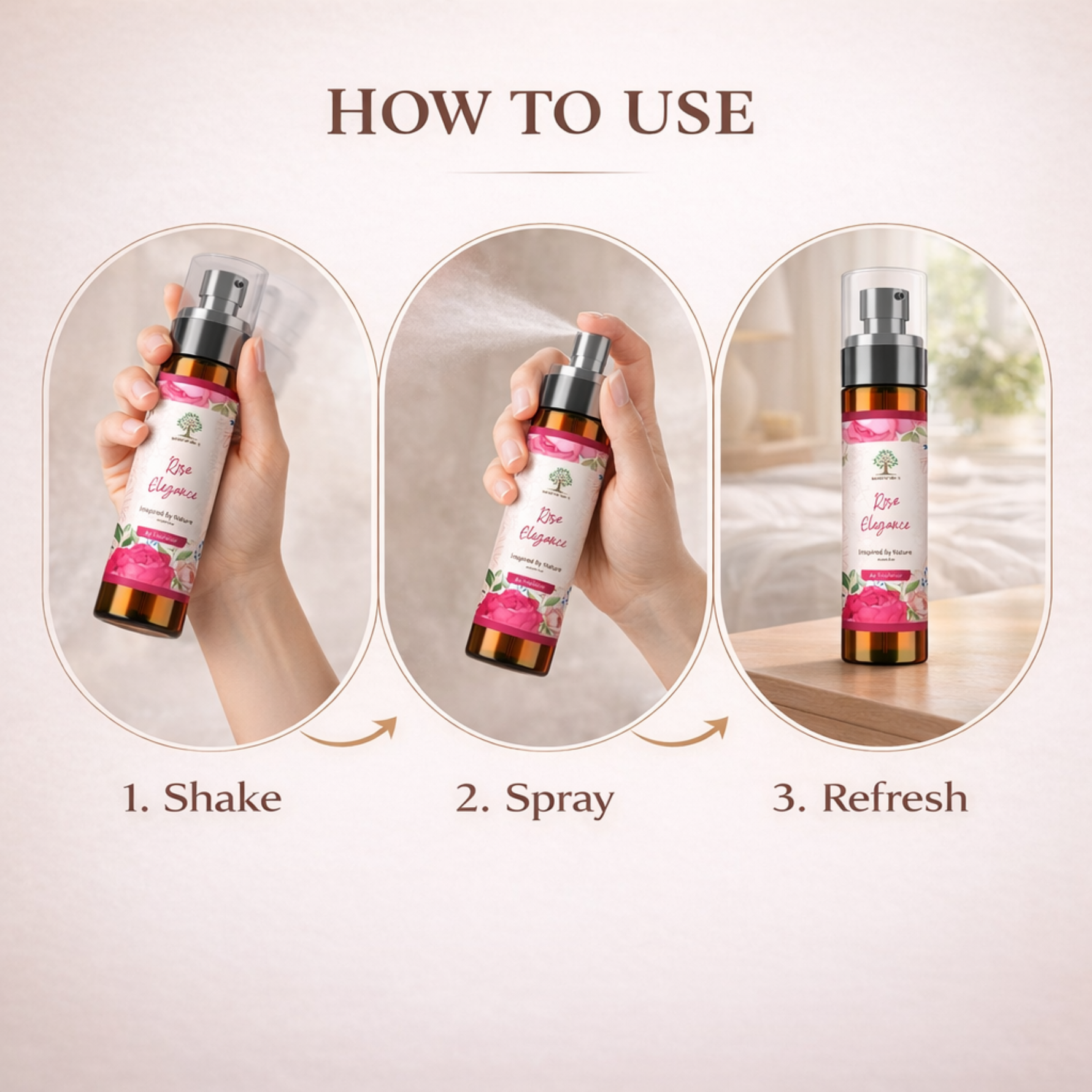 Step-by-step guide on how to use a spray bottle with a pink label.
