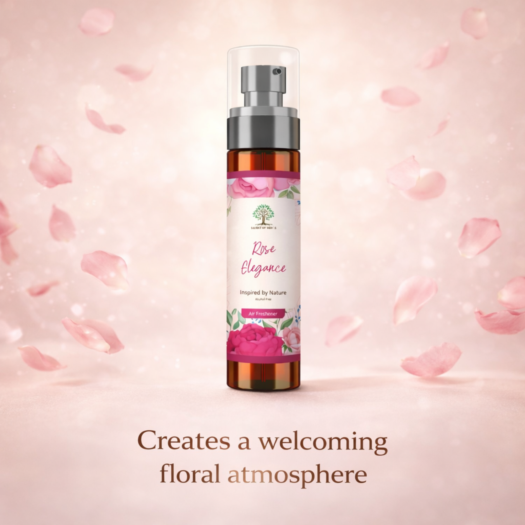 Rose petal-scented product with pink floral background