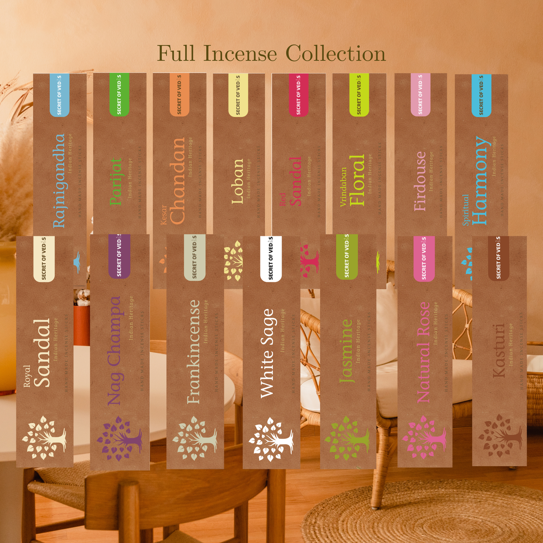 Secret of Vedas incense sticks full collection 15 fragrances 100g agarbatti UK