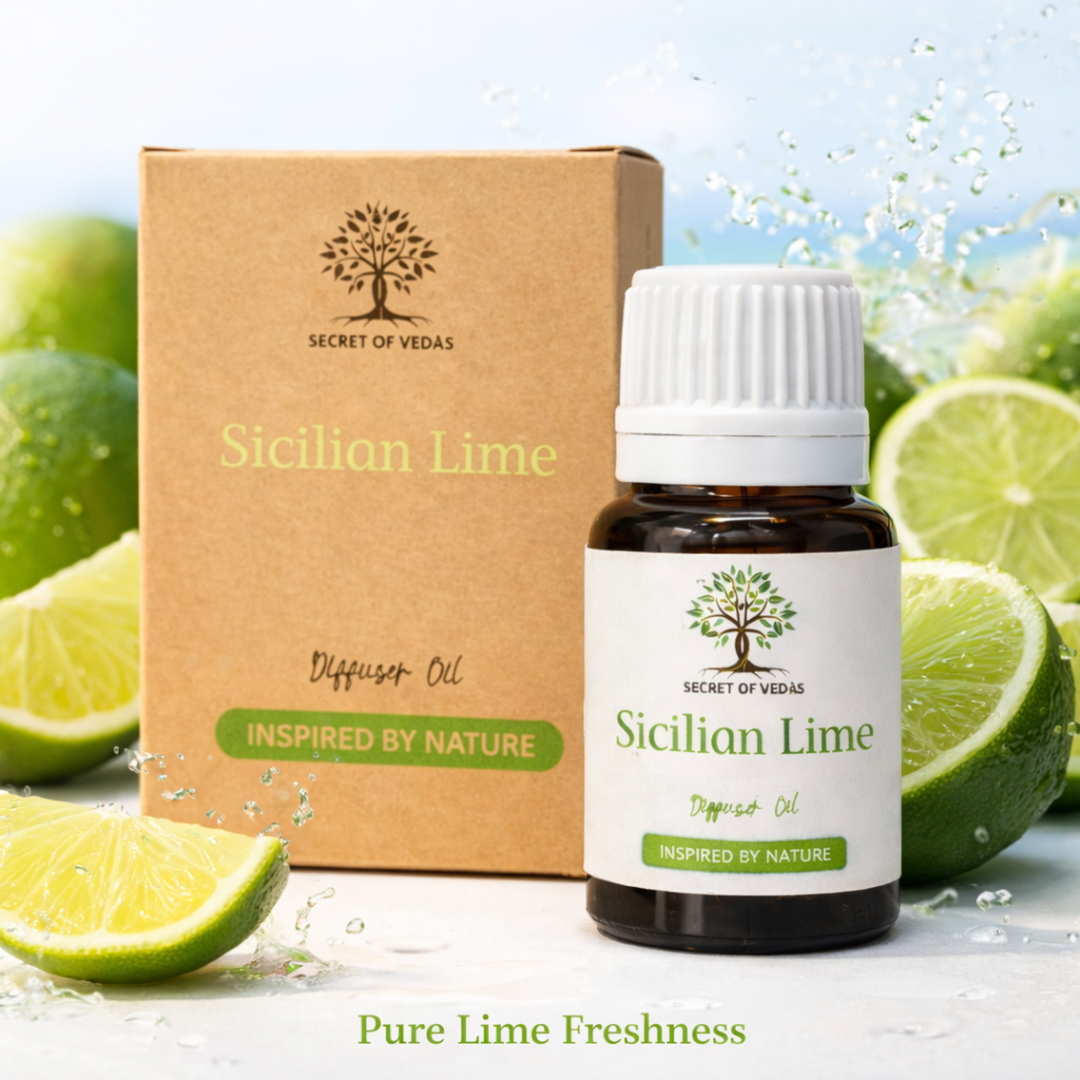 Sicilian lime diffuser oil with fresh green lime slices bright citrus home fragrance UK