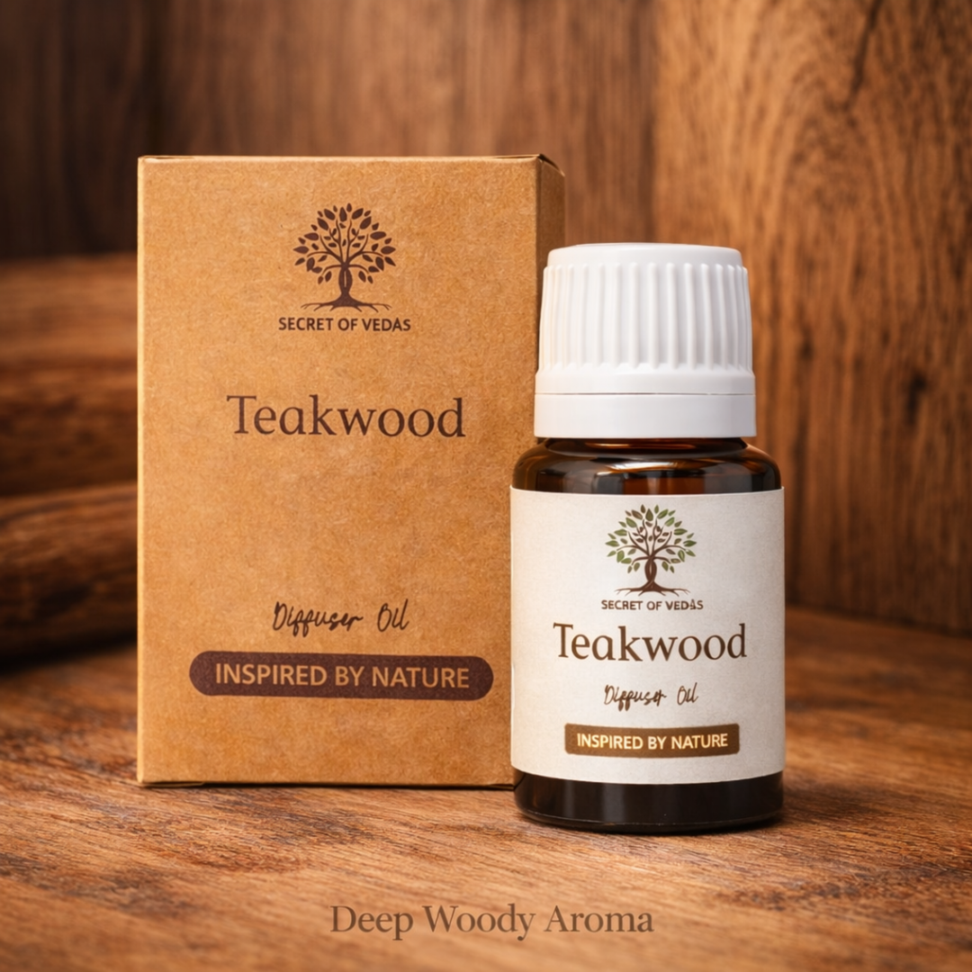 Teakwood diffuser oil with natural wood texture deep woody home fragrance UK