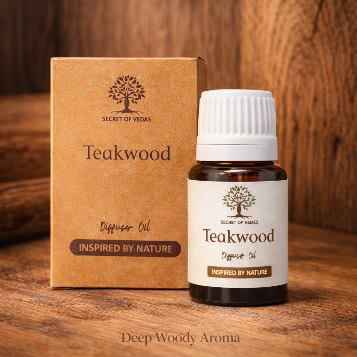 Teakwood diffuser oil with natural wood texture deep woody home fragrance UK