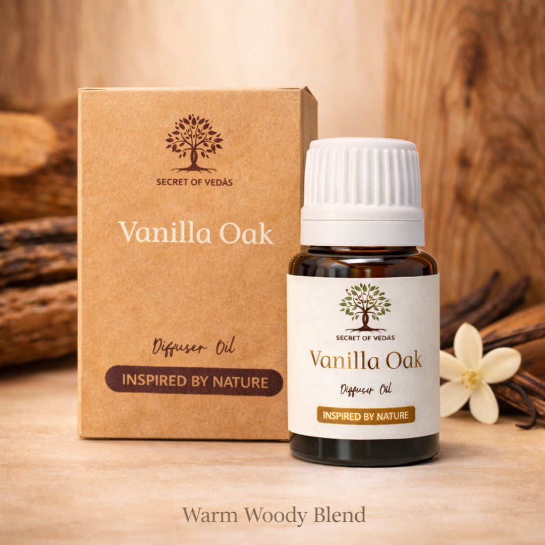 Vanilla oak diffuser oil with wood texture and vanilla warm home fragrance UK