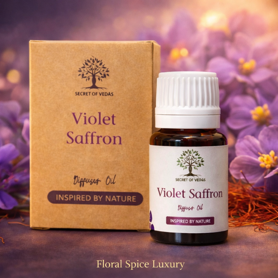 Violet saffron diffuser oil with purple flowers and saffron luxury home fragrance UK